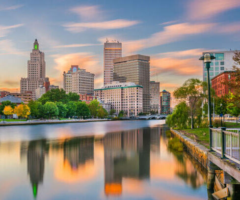 Image of Providence, Rhode Island, USA downtown cityscape viewed from above the Providence River.